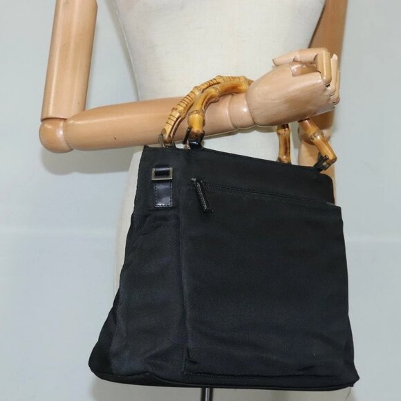 GUCCI Bamboo Hand Bag Nylon 2way Black Silver Auth 99165 - Picture 3 of 16